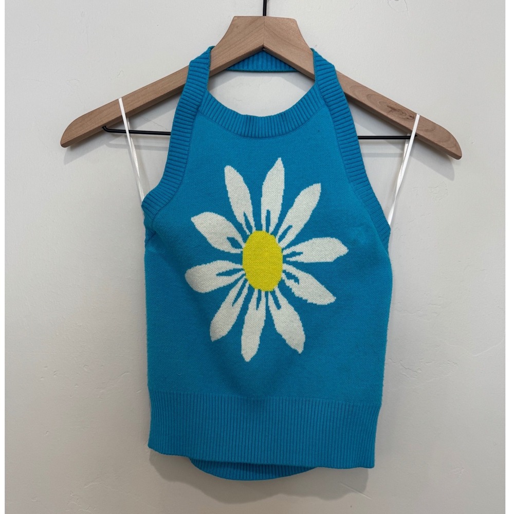 MM by My Michelle Y2K Blue Daisy Knit Halter Sweater Tank Top Small 90s Indie